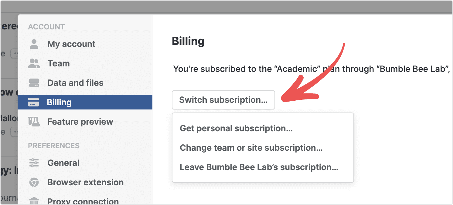 Settings › Billing showing a subscription held through a team, with a red arrow pointing to the “Switch subscription…” button, whose menu offers a personal subscription, changing team or site subscription, or leaving the team’s subscription.